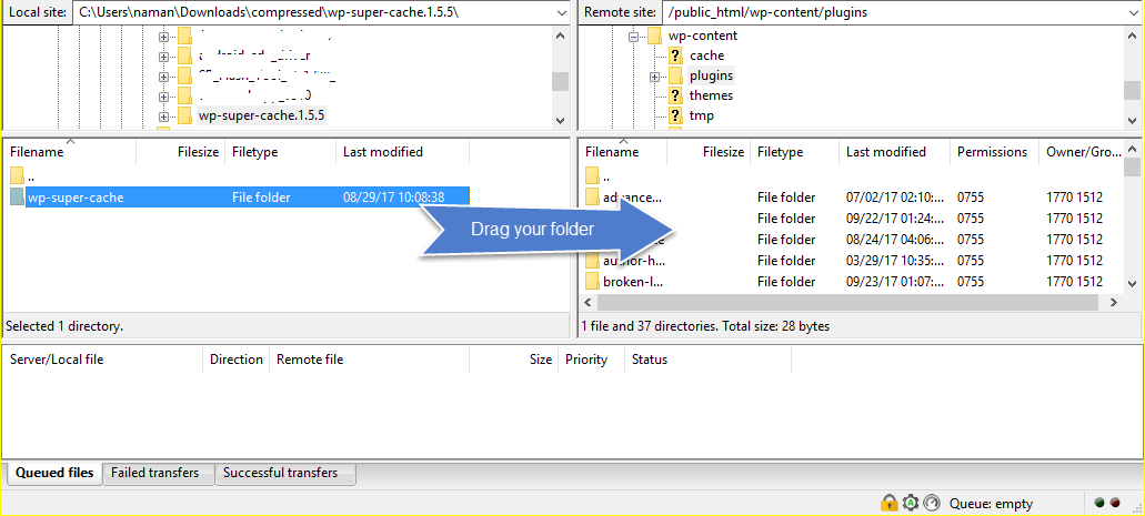 Drag folder using FTP : Install WordPress Plugin